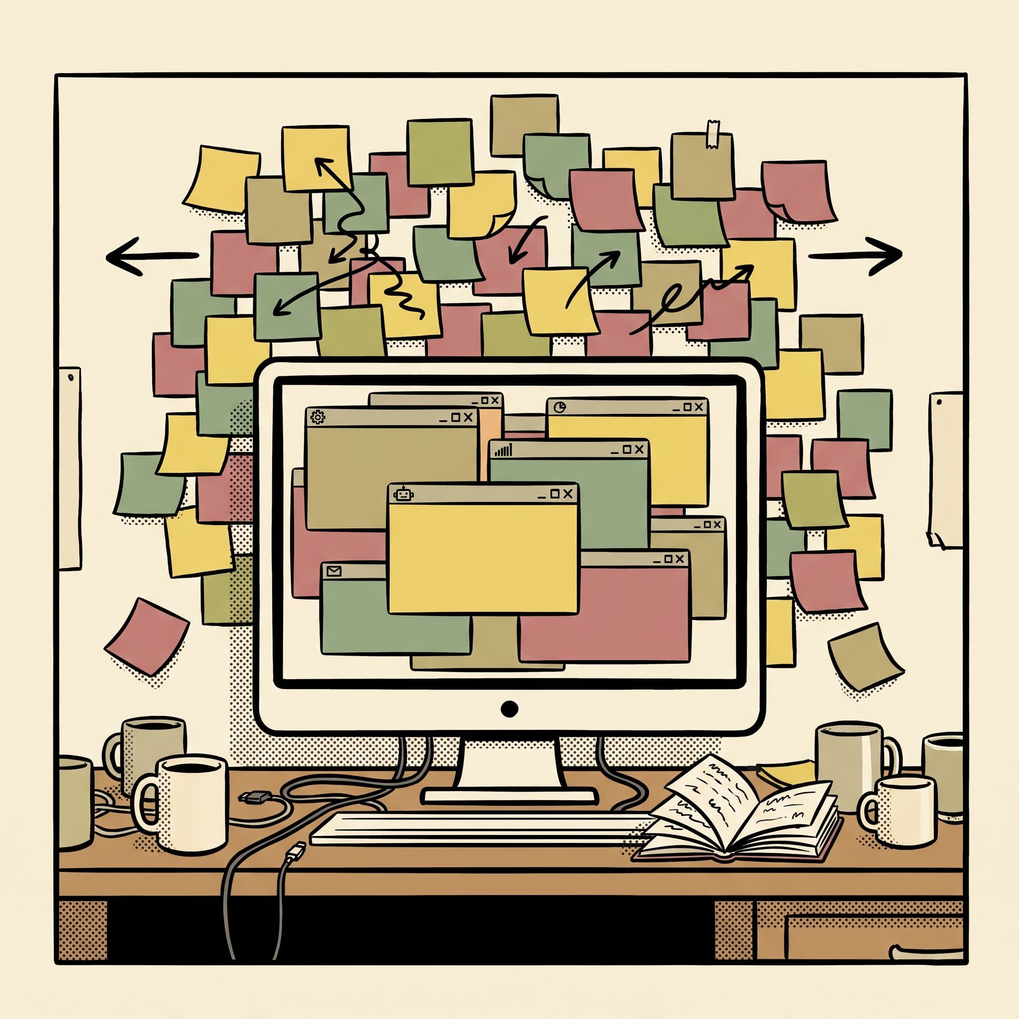 Illustration: kontor med för många verktygsfönster och post-it-lappar åt alla håll.