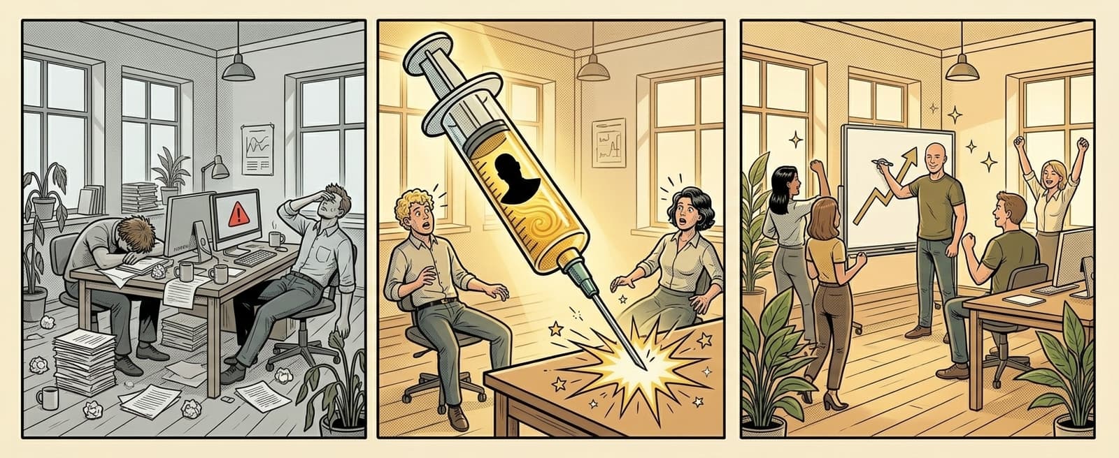 Serie-strip i tre rutor: ett trött marknadskontor i gråskala, en stor tecknad spruta med gul vätska injiceras, samma kontor fullt av energi i varmt gult.