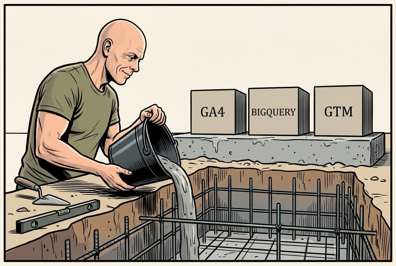 Comic-panel: tvärsnitt av en byggarbetsplats. Torbjörn häller cement från en hink i en gjutgrop med synlig armering, medan tre färdiga boxar märkta GA4, BIGQUERY och GTM redan står på den härdade grunden bredvid.