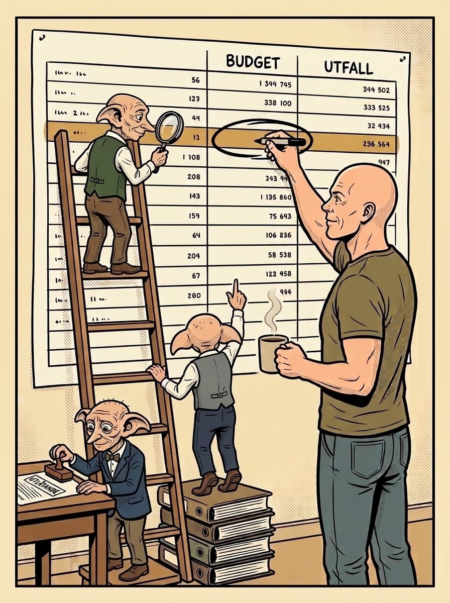 Comic panel: Torbjörn circles a gold-highlighted row in a giant spreadsheet, coffee in hand, while three small gnome helpers pitch in, one on a ladder with a magnifying glass, one on a stack of binders, and one stamping the report at a table.