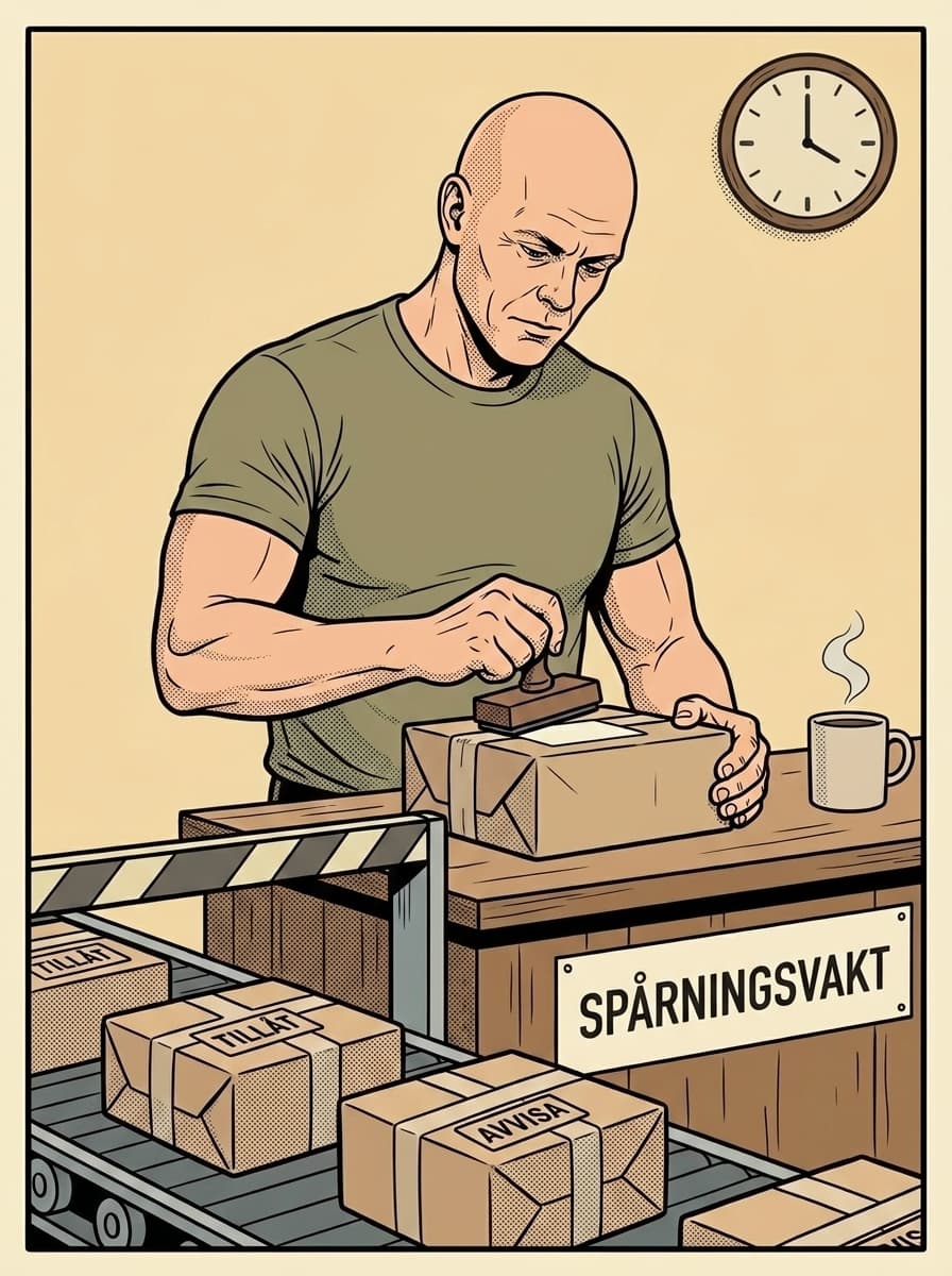Comic-book panel: a man stamps data packets at a tracking booth, the packets labeled ALLOW and REJECT.