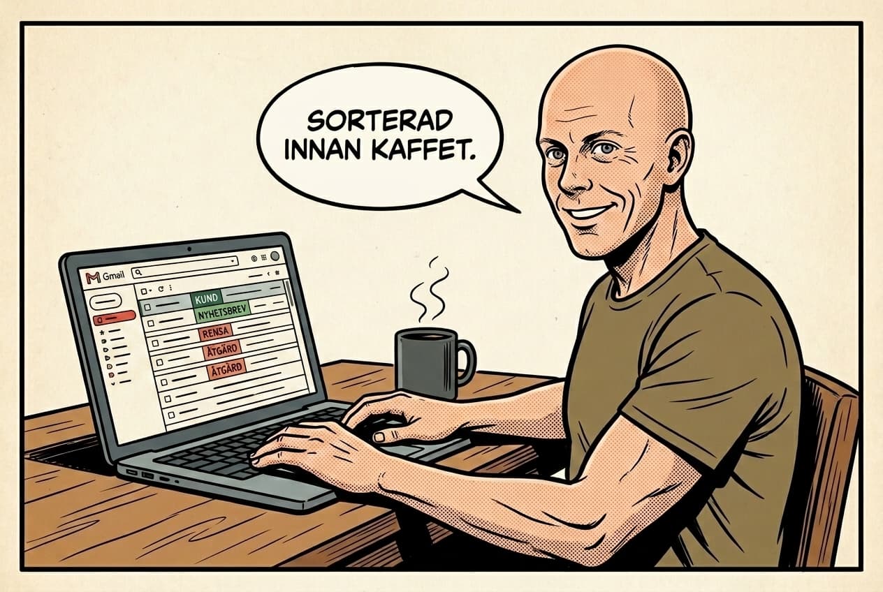 Comic-panel: Torbjörn vid skrivbordet med en laptop som visar en sorterad Gmail-inkorg med etiketterna KUND, NYHETSBREV, RENSA och ÅTGÄRD. Pratbubbla: "Sorterad innan kaffet."