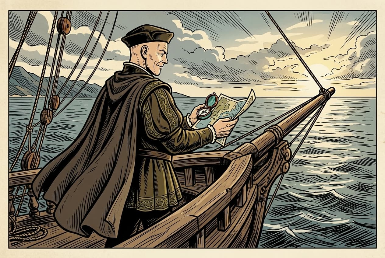 Comic-panel: Torbjörn som navigatör på ett skeppsdäck, läser en sjökarta med kompass i handen mot en öppen horisont.