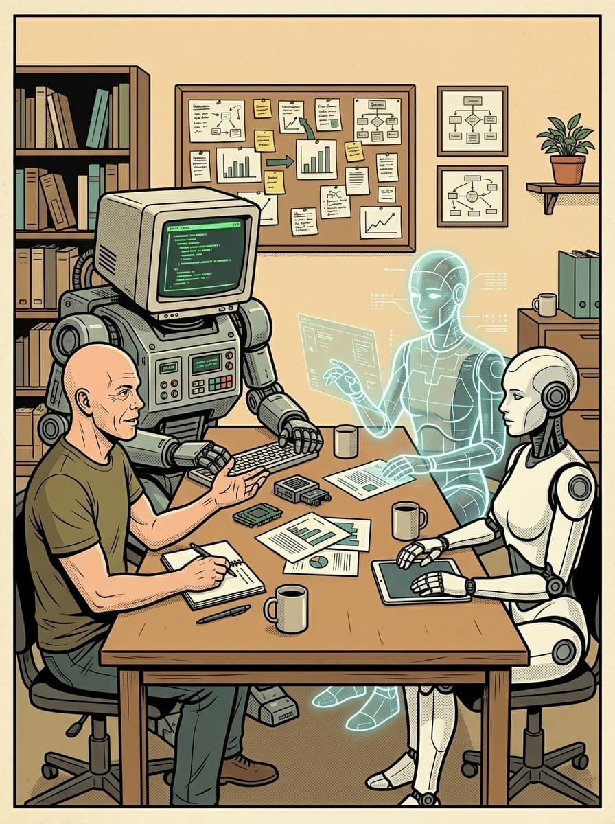 Comic drawing: Torbjörn at a meeting table with three robots, an old-fashioned terminal robot, a translucent hologram robot, and a white android, with charts and notes spread across the table.